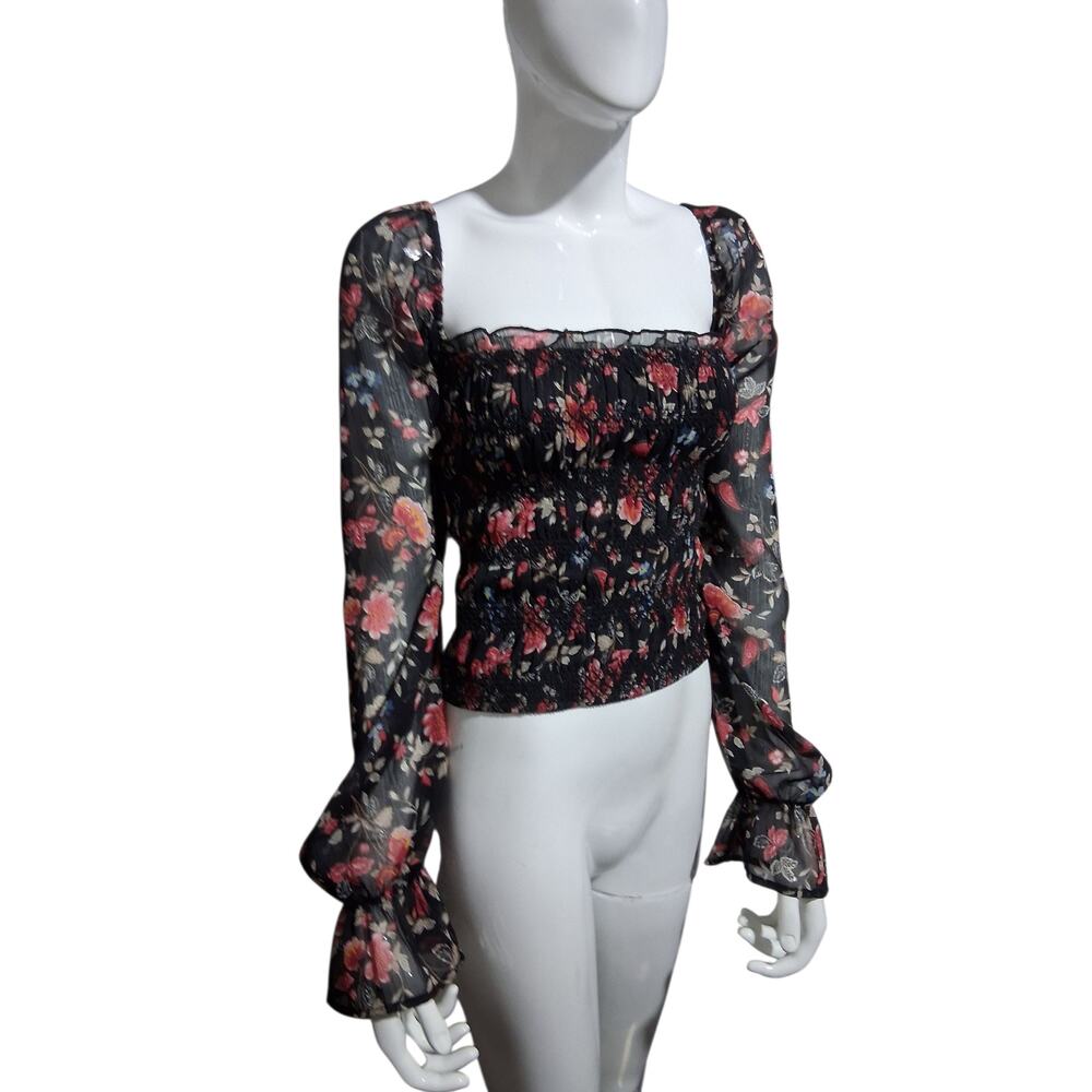 Mi Ami Smocked whimsical Fairycore Womens size Large Romantic Sheer Metallic Top